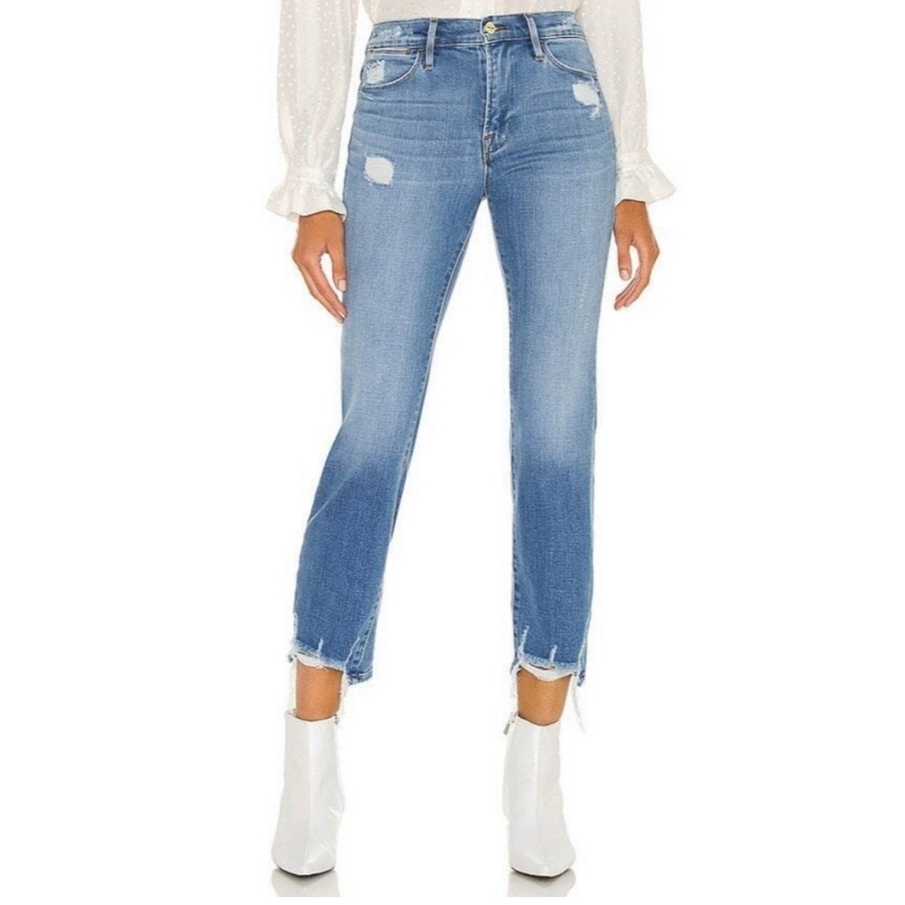 FRAME Women’s Le High Straight Jeans Laskey Rips 31 Distressed Denim Relaxed Fit